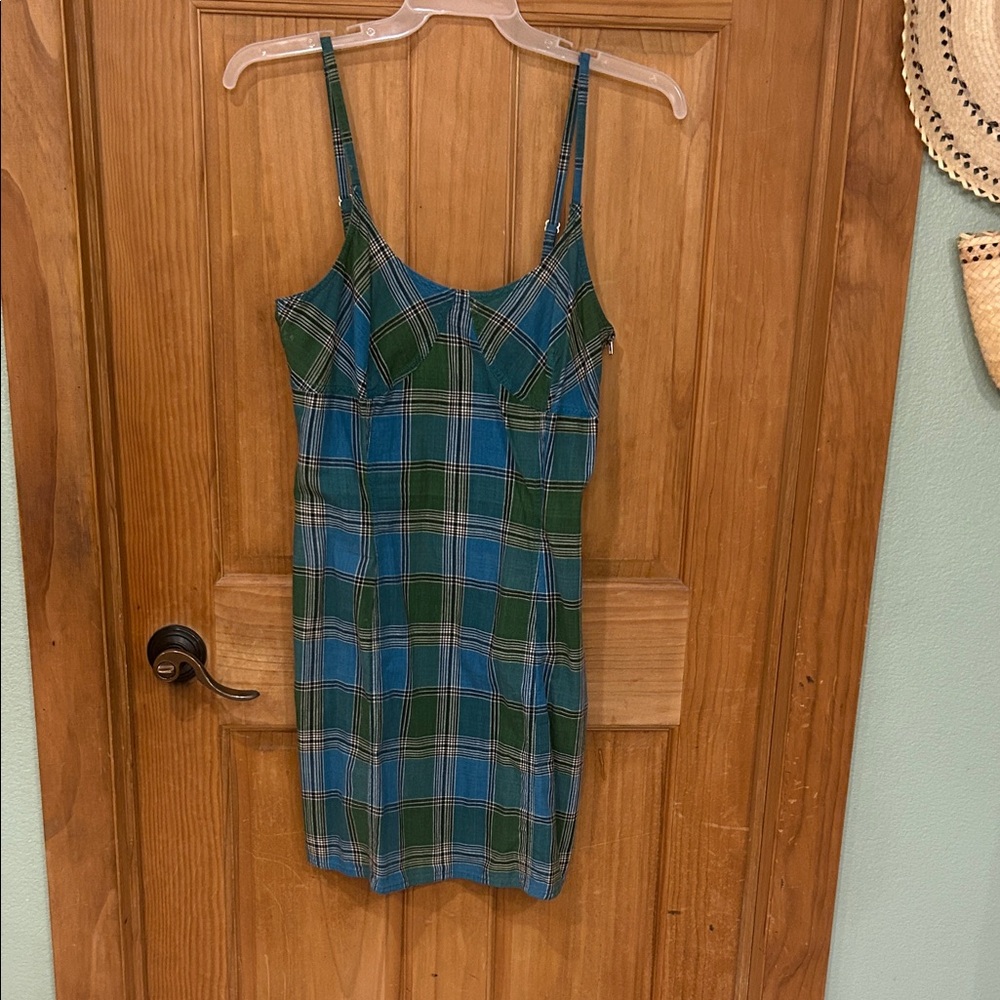 Calvin Klein Green and Blue Plaid Slip Dress